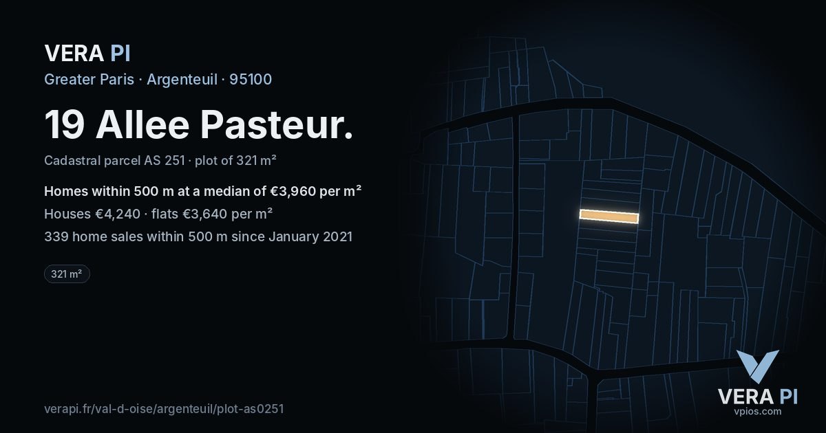 19 Allee Pasteur, Argenteuil at night – the plot lit, the parcels around coloured by the prices near them