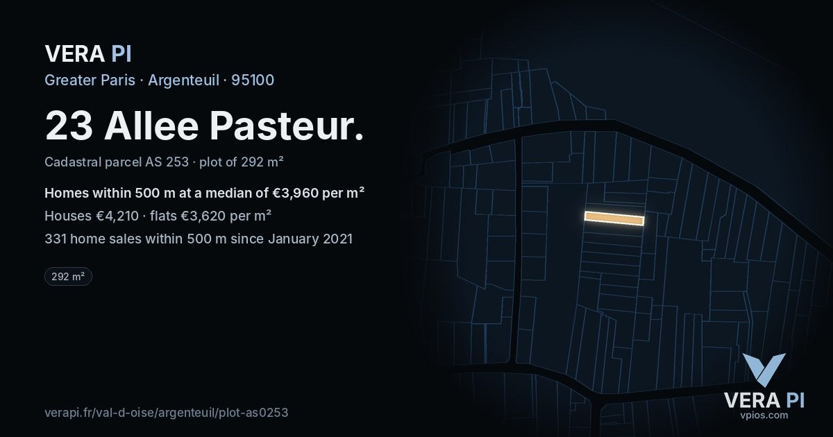 23 Allee Pasteur, Argenteuil at night – the plot lit, the parcels around coloured by the prices near them