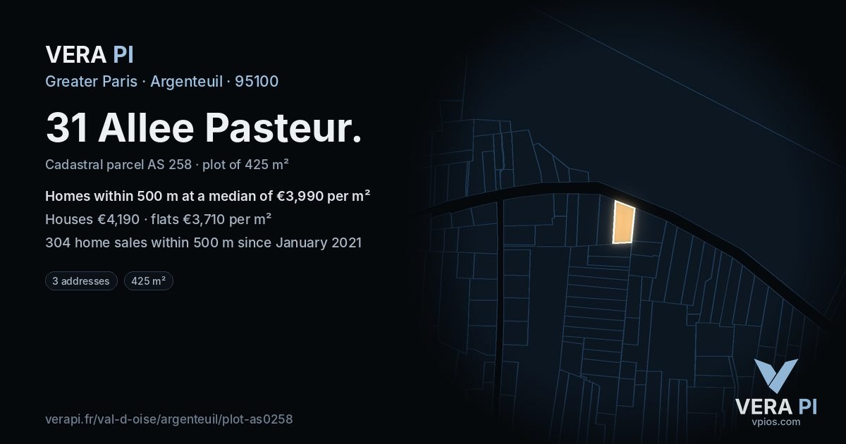 31 Allee Pasteur, Argenteuil at night – the plot lit, the parcels around coloured by the prices near them