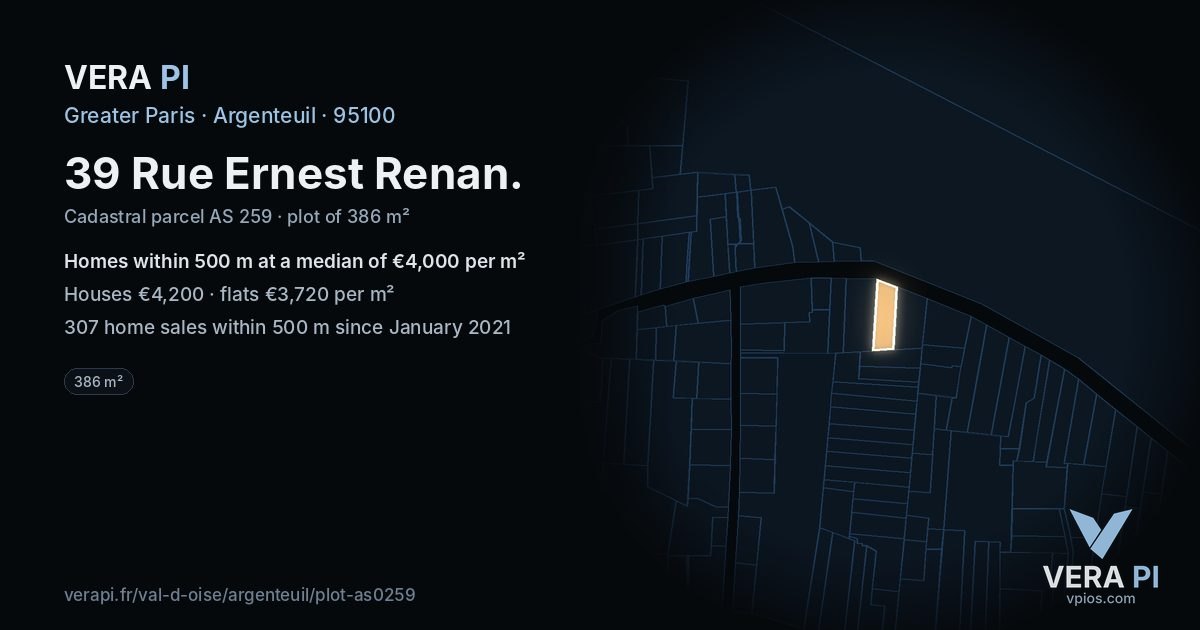39 Rue Ernest Renan, Argenteuil at night – the plot lit, the parcels around coloured by the prices near them