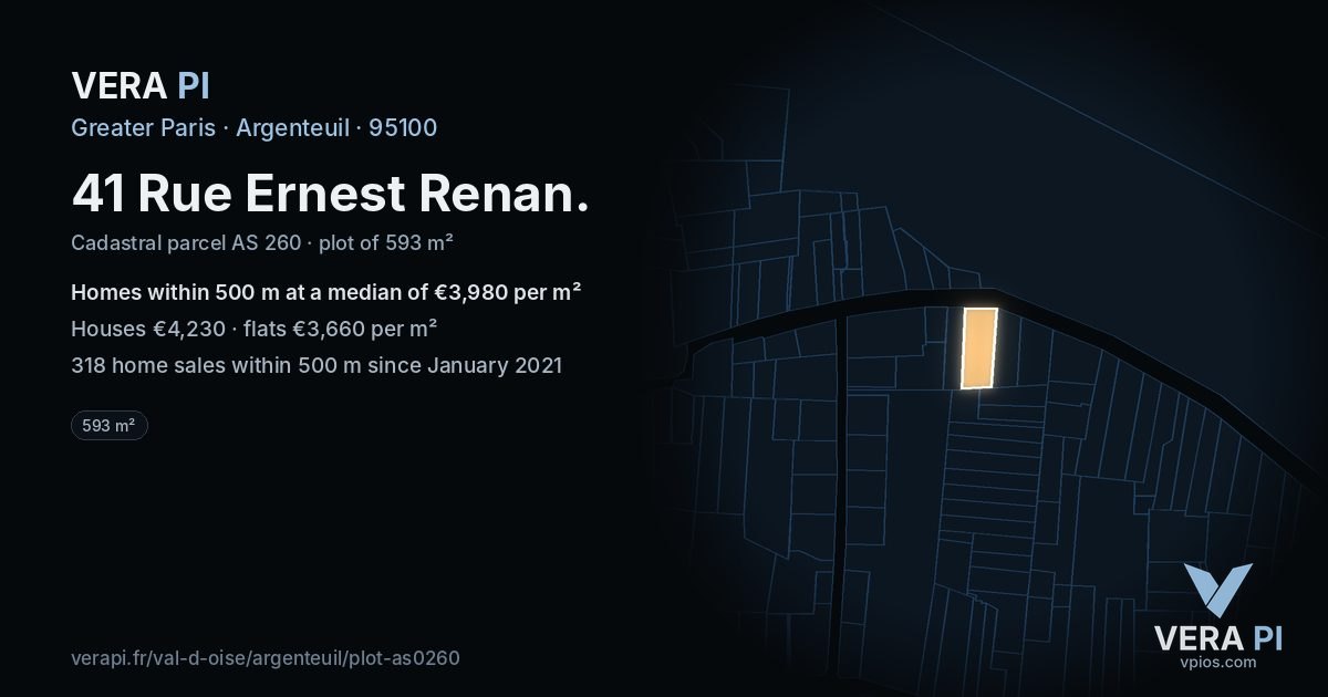 41 Rue Ernest Renan, Argenteuil at night – the plot lit, the parcels around coloured by the prices near them