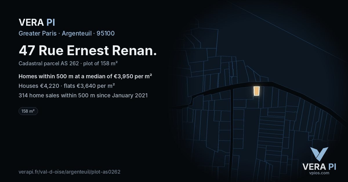 47 Rue Ernest Renan, Argenteuil at night – the plot lit, the parcels around coloured by the prices near them