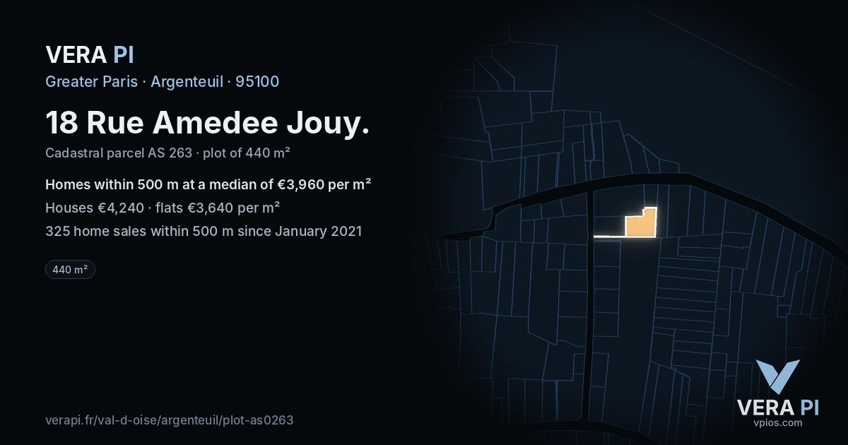 18 Rue Amedee Jouy, Argenteuil at night – the plot lit, the parcels around coloured by the prices near them