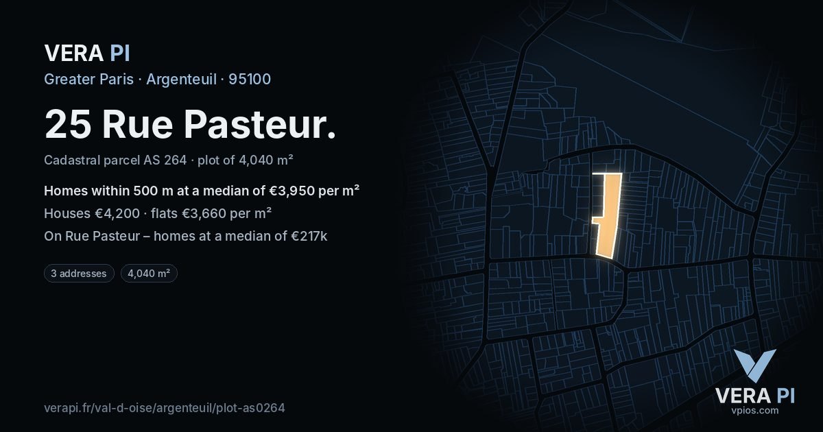 25 Rue Pasteur, Argenteuil at night – the plot lit, the parcels around coloured by the prices near them