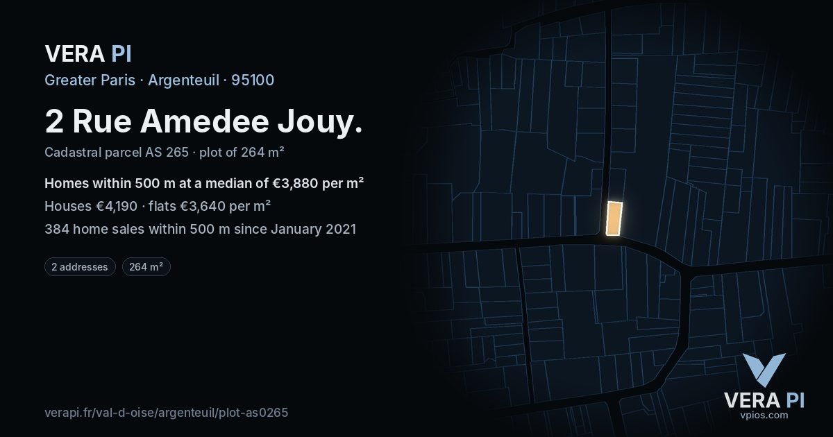 2 Rue Amedee Jouy, Argenteuil at night – the plot lit, the parcels around coloured by the prices near them