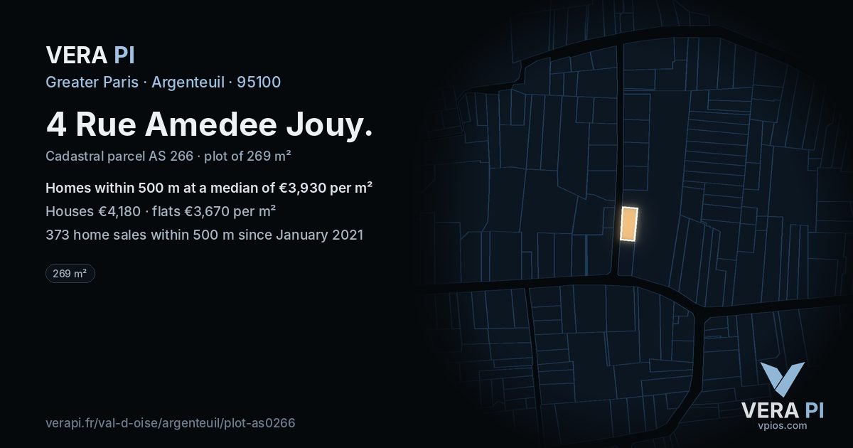 4 Rue Amedee Jouy, Argenteuil at night – the plot lit, the parcels around coloured by the prices near them
