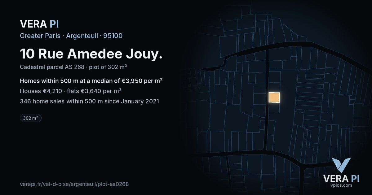 10 Rue Amedee Jouy, Argenteuil at night – the plot lit, the parcels around coloured by the prices near them