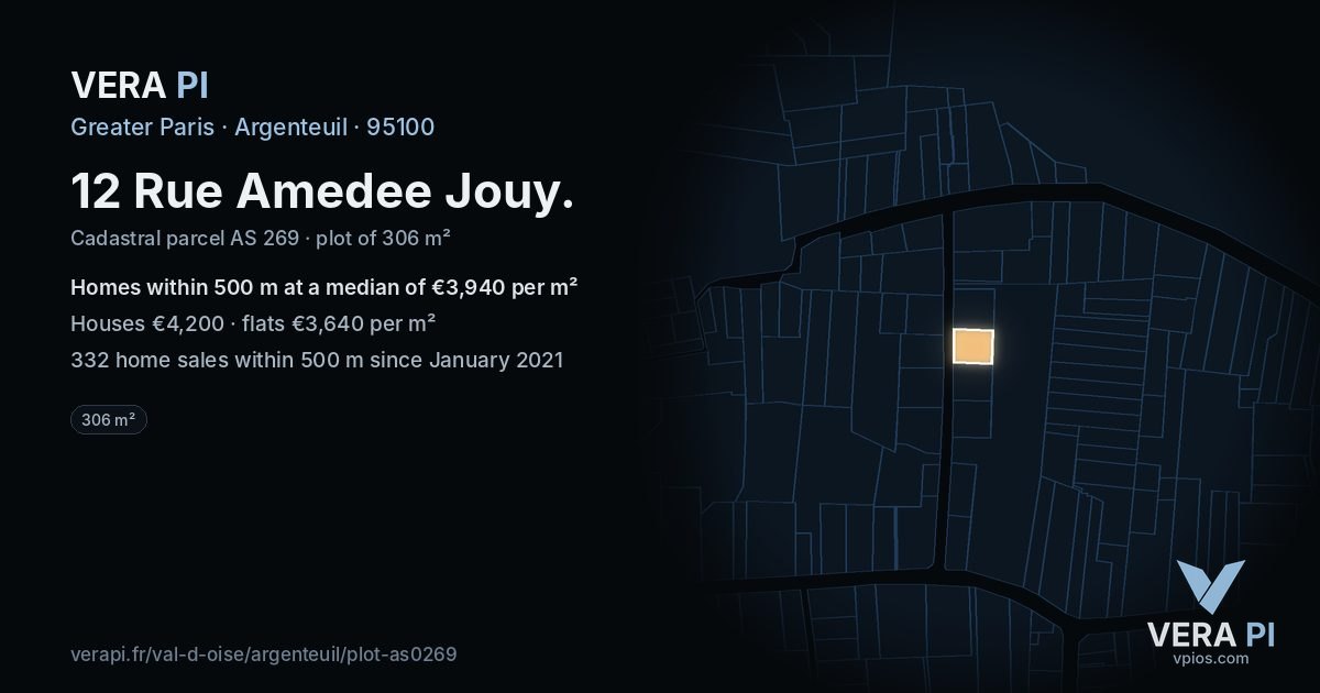 12 Rue Amedee Jouy, Argenteuil at night – the plot lit, the parcels around coloured by the prices near them