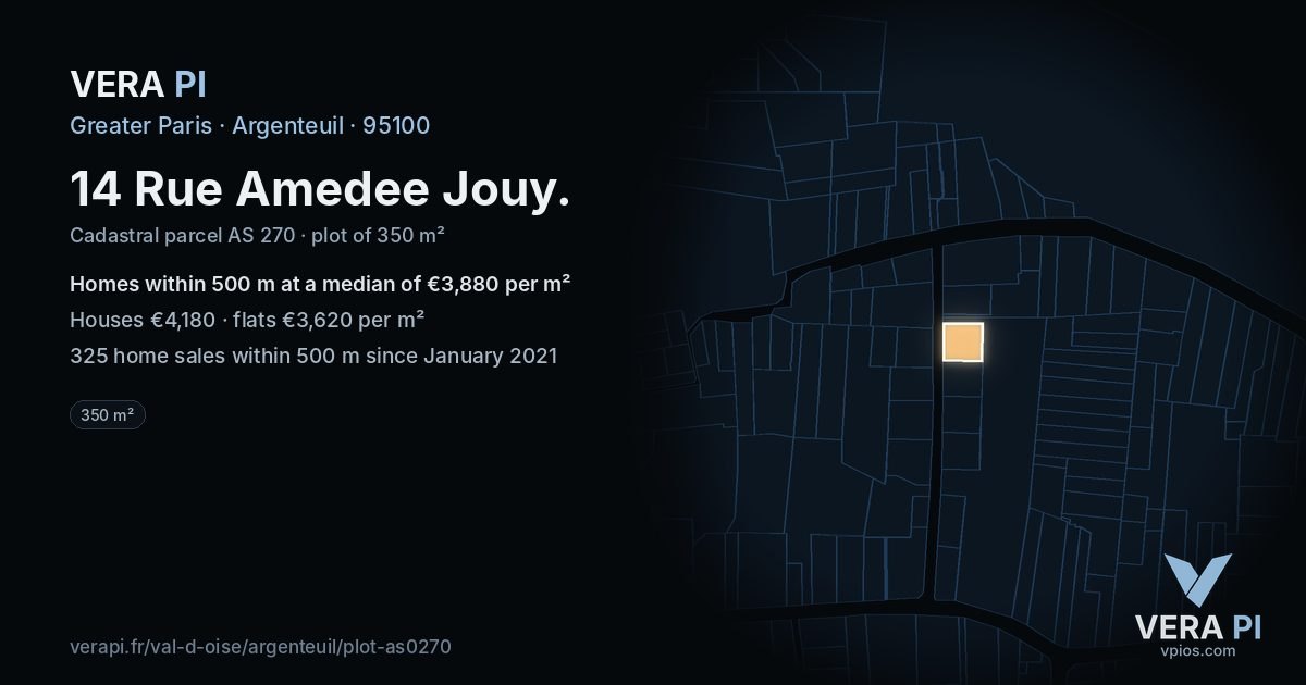 14 Rue Amedee Jouy, Argenteuil at night – the plot lit, the parcels around coloured by the prices near them