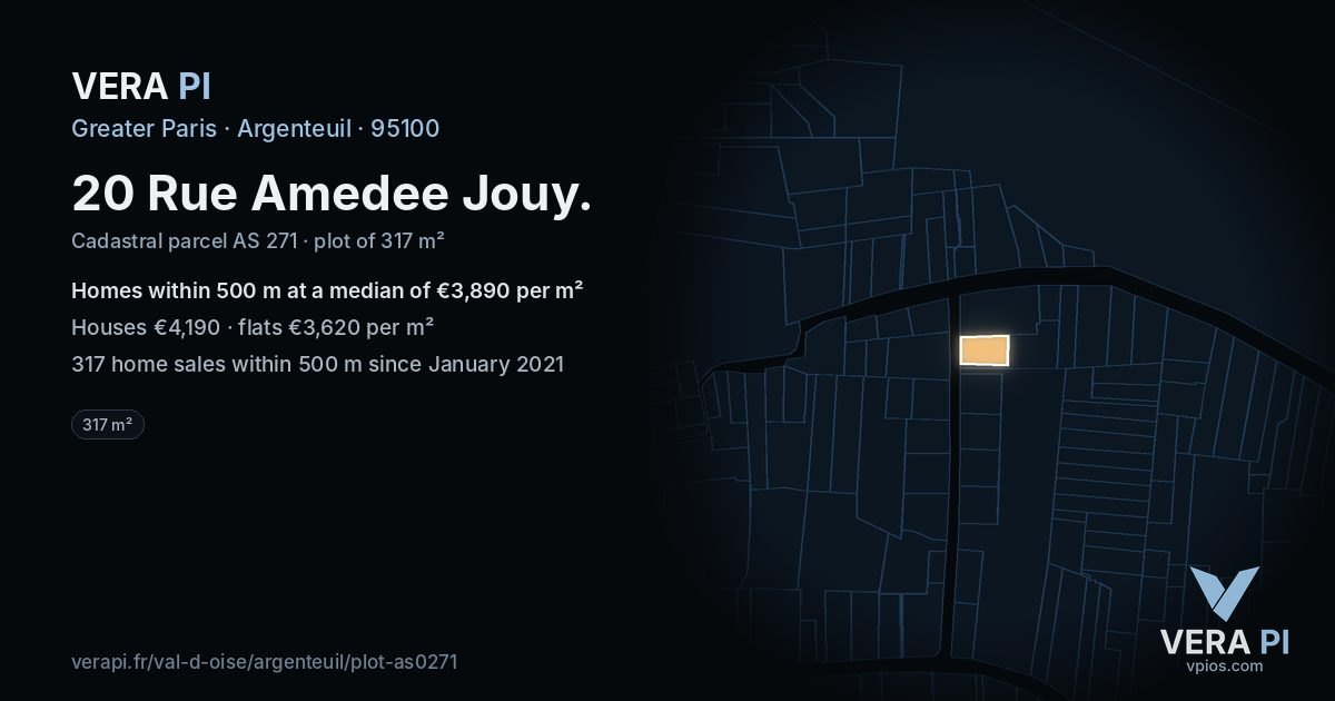 20 Rue Amedee Jouy, Argenteuil at night – the plot lit, the parcels around coloured by the prices near them