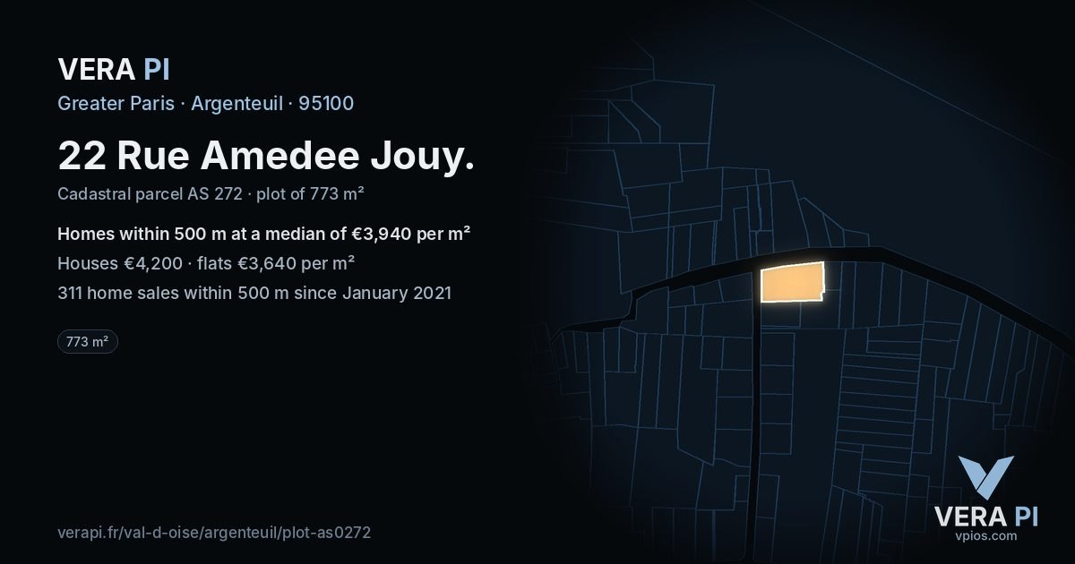 22 Rue Amedee Jouy, Argenteuil at night – the plot lit, the parcels around coloured by the prices near them