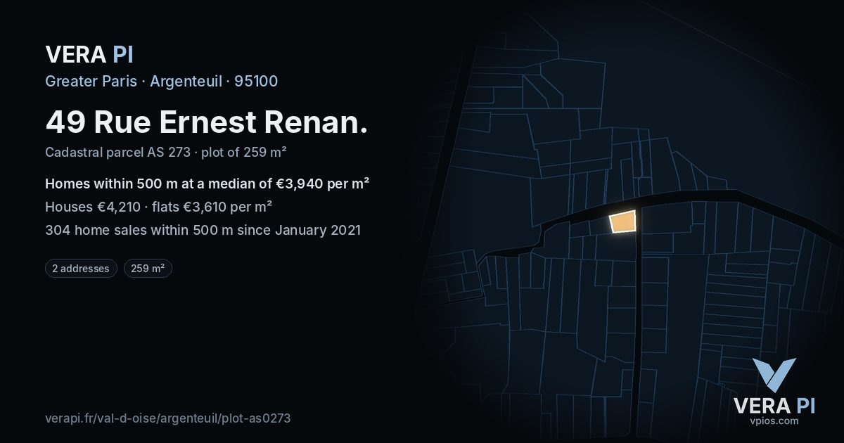 49 Rue Ernest Renan, Argenteuil at night – the plot lit, the parcels around coloured by the prices near them