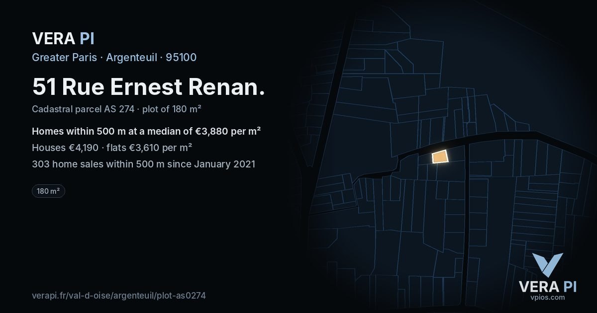 51 Rue Ernest Renan, Argenteuil at night – the plot lit, the parcels around coloured by the prices near them