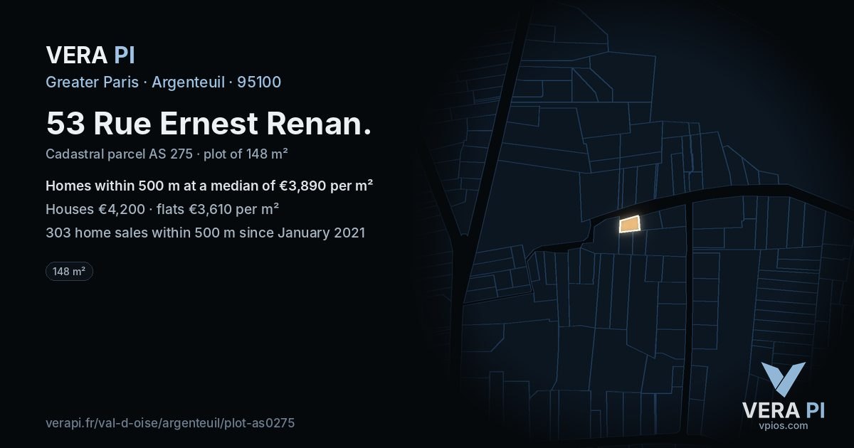 53 Rue Ernest Renan, Argenteuil at night – the plot lit, the parcels around coloured by the prices near them