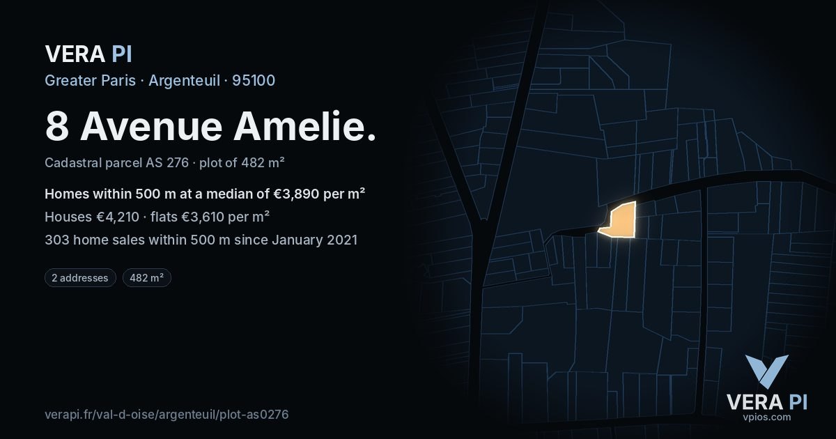 8 Avenue Amelie, Argenteuil at night – the plot lit, the parcels around coloured by the prices near them