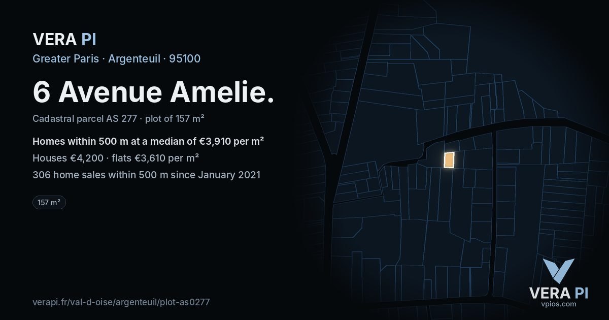 6 Avenue Amelie, Argenteuil at night – the plot lit, the parcels around coloured by the prices near them