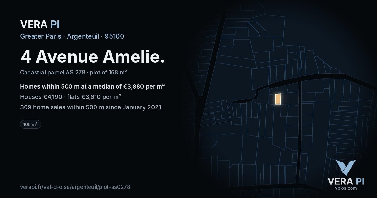 4 Avenue Amelie, Argenteuil at night – the plot lit, the parcels around coloured by the prices near them