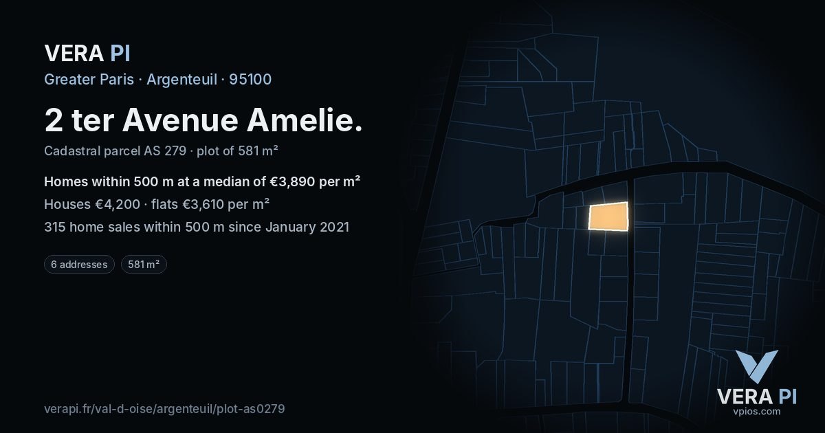 2 ter Avenue Amelie, Argenteuil at night – the plot lit, the parcels around coloured by the prices near them
