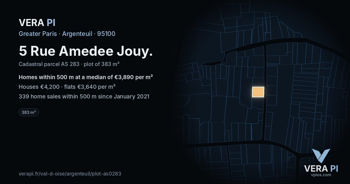 5 Rue Amedee Jouy, Argenteuil at night – the plot lit, the parcels around coloured by the prices near them