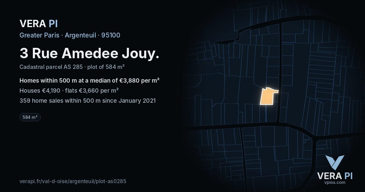 3 Rue Amedee Jouy, Argenteuil at night – the plot lit, the parcels around coloured by the prices near them