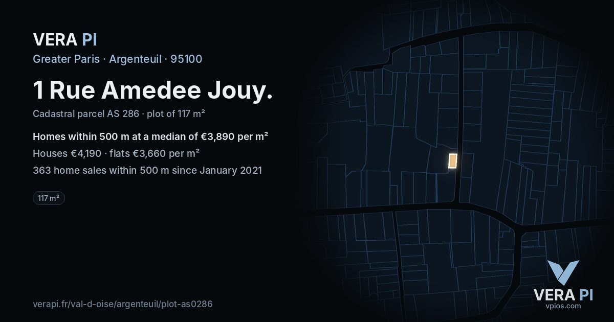 1 Rue Amedee Jouy, Argenteuil at night – the plot lit, the parcels around coloured by the prices near them