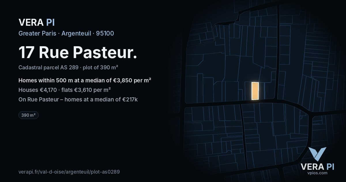 17 Rue Pasteur, Argenteuil at night – the plot lit, the parcels around coloured by the prices near them