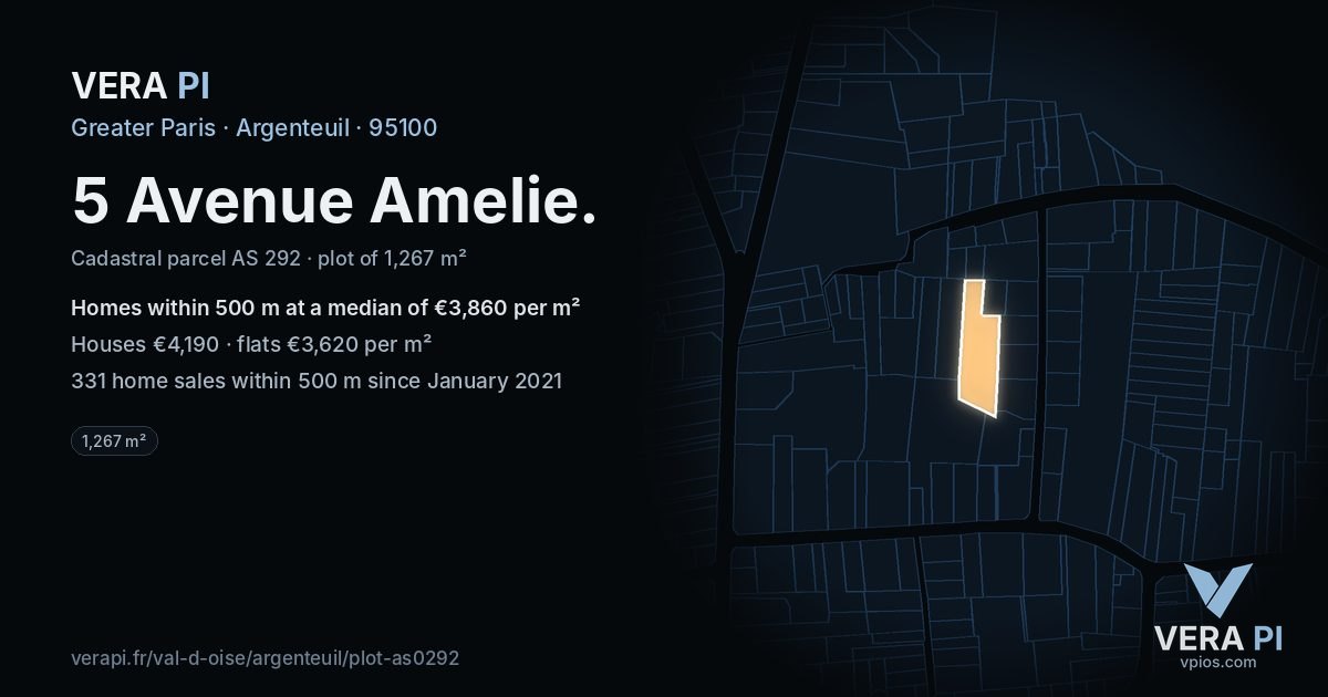 5 Avenue Amelie, Argenteuil at night – the plot lit, the parcels around coloured by the prices near them