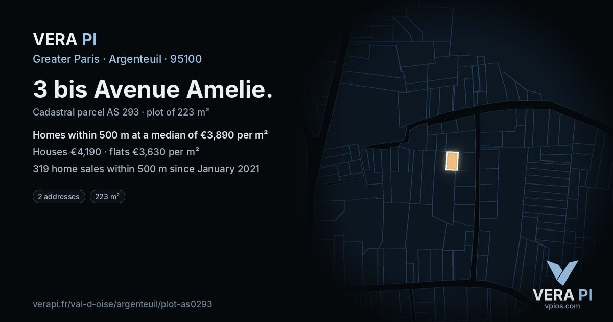 3 bis Avenue Amelie, Argenteuil at night – the plot lit, the parcels around coloured by the prices near them