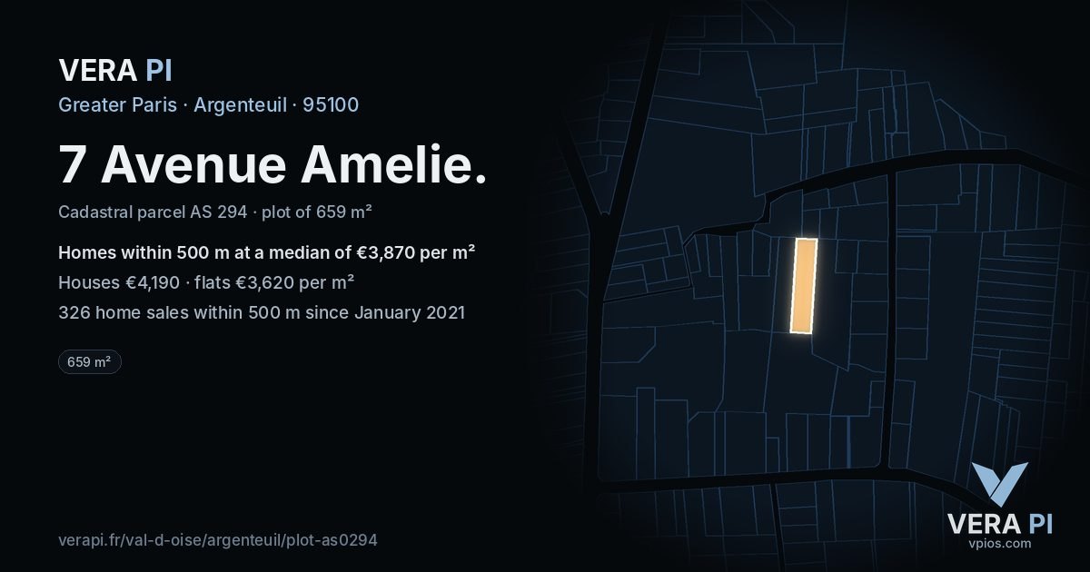 7 Avenue Amelie, Argenteuil at night – the plot lit, the parcels around coloured by the prices near them