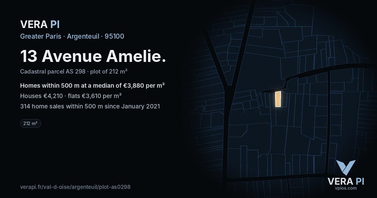 13 Avenue Amelie, Argenteuil at night – the plot lit, the parcels around coloured by the prices near them
