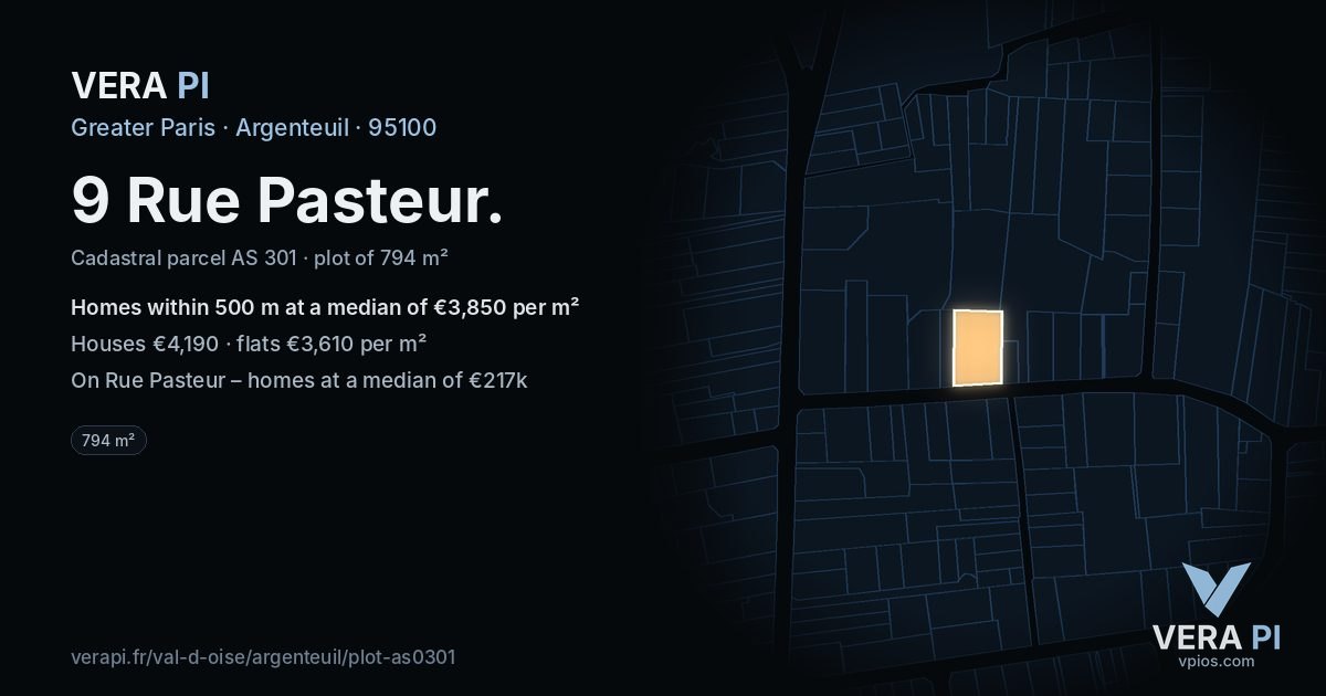 9 Rue Pasteur, Argenteuil at night – the plot lit, the parcels around coloured by the prices near them