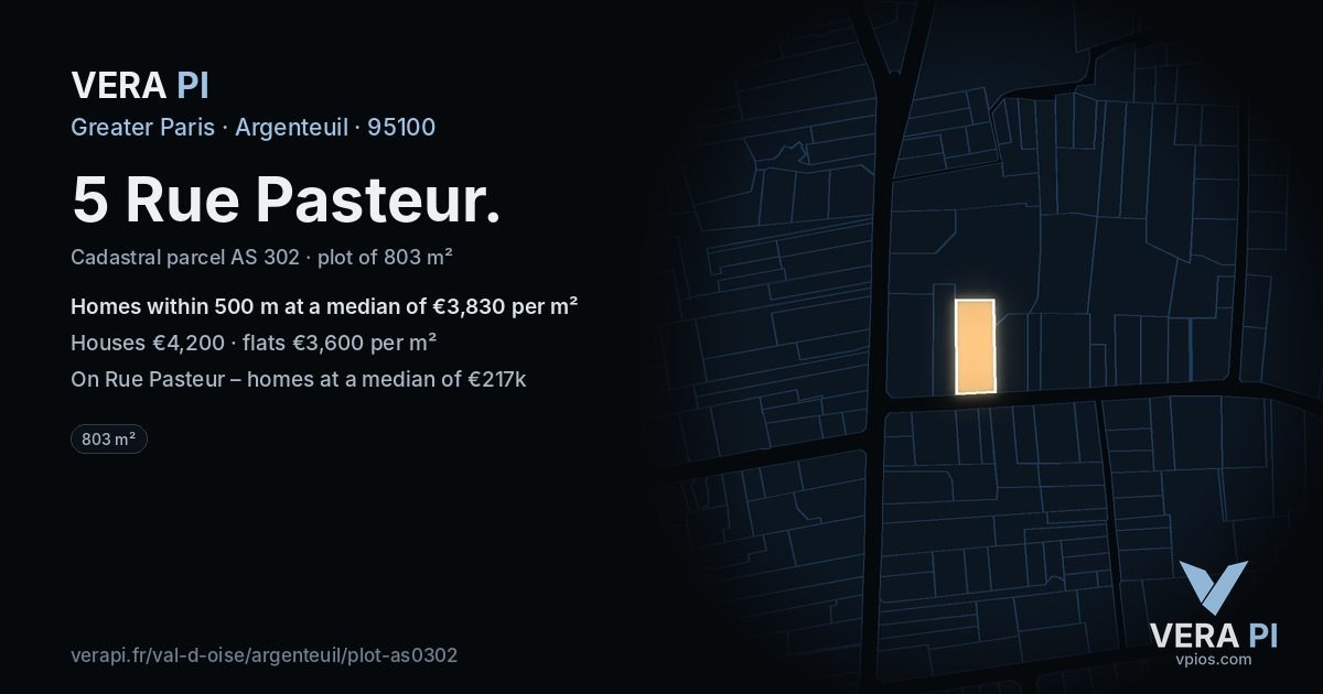 5 Rue Pasteur, Argenteuil at night – the plot lit, the parcels around coloured by the prices near them