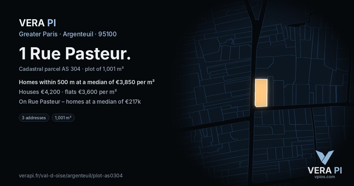 1 Rue Pasteur, Argenteuil at night – the plot lit, the parcels around coloured by the prices near them