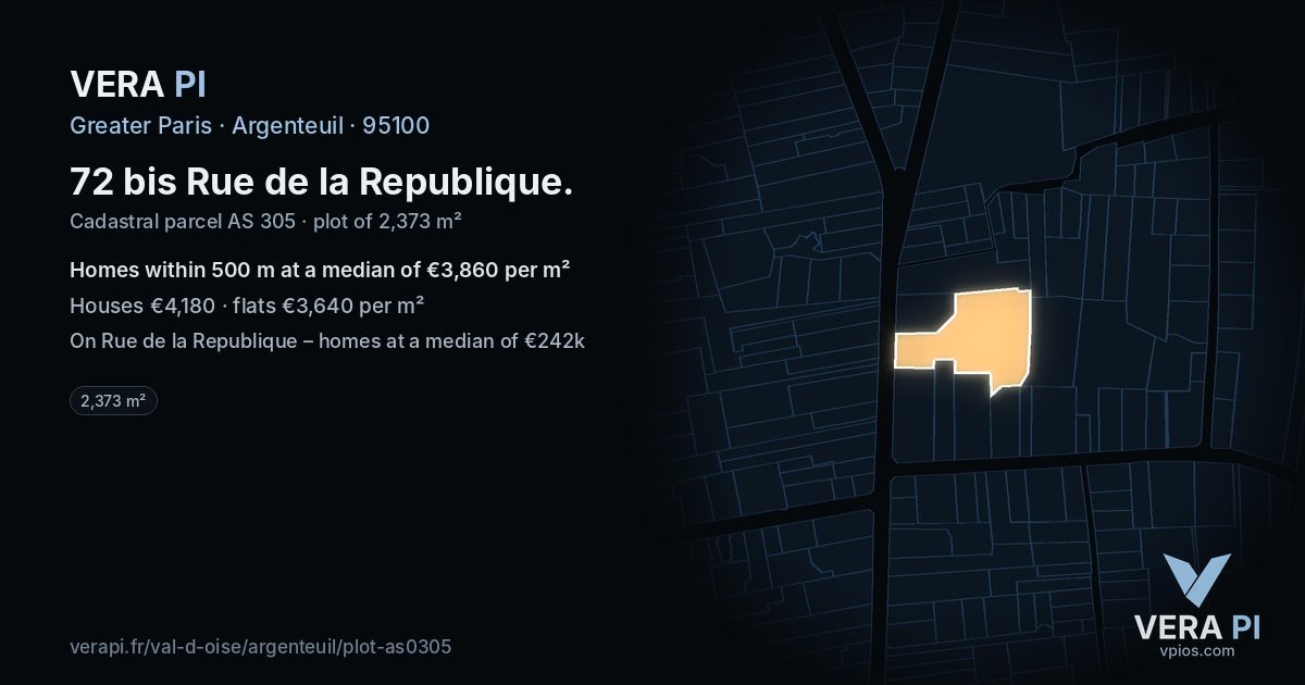 72 bis Rue de la Republique, Argenteuil at night – the plot lit, the parcels around coloured by the prices near them