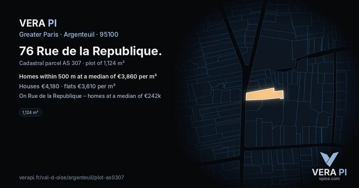 76 Rue de la Republique, Argenteuil at night – the plot lit, the parcels around coloured by the prices near them