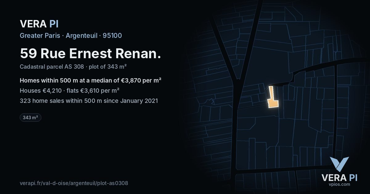 59 Rue Ernest Renan, Argenteuil at night – the plot lit, the parcels around coloured by the prices near them