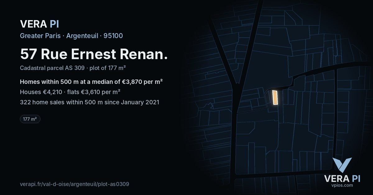 57 Rue Ernest Renan, Argenteuil at night – the plot lit, the parcels around coloured by the prices near them