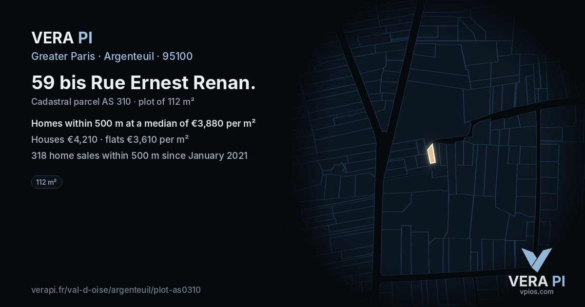 59 bis Rue Ernest Renan, Argenteuil at night – the plot lit, the parcels around coloured by the prices near them
