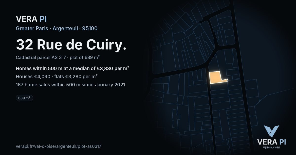 32 Rue de Cuiry, Argenteuil at night – the plot lit, the parcels around coloured by the prices near them