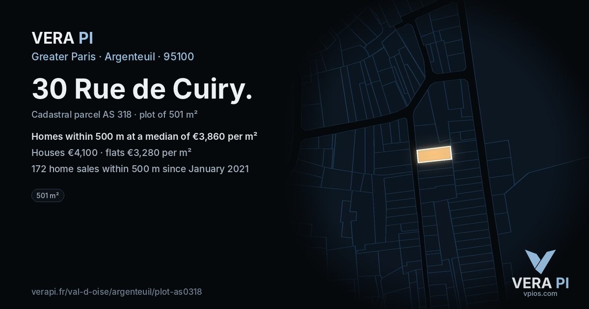 30 Rue de Cuiry, Argenteuil at night – the plot lit, the parcels around coloured by the prices near them