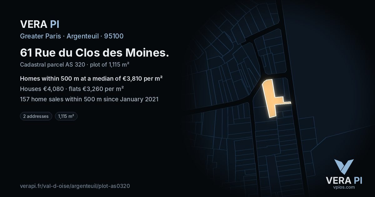 61 Rue du Clos des Moines, Argenteuil at night – the plot lit, the parcels around coloured by the prices near them