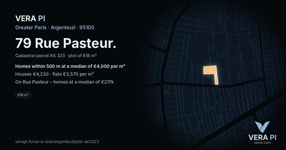 79 Rue Pasteur, Argenteuil at night – the plot lit, the parcels around coloured by the prices near them
