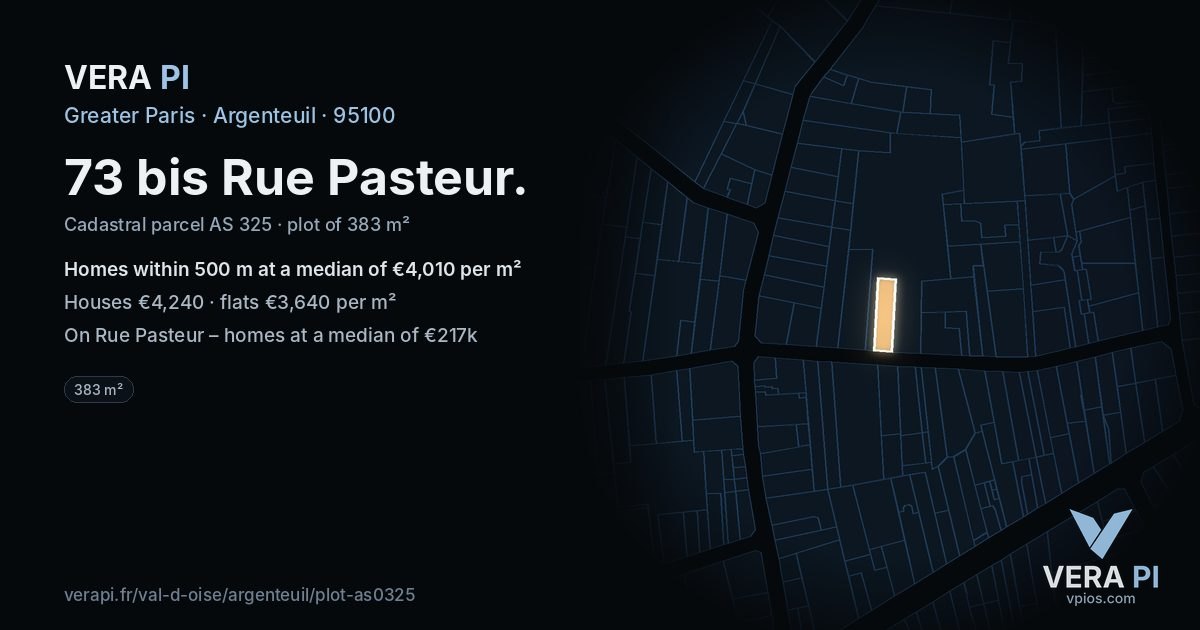 73 bis Rue Pasteur, Argenteuil at night – the plot lit, the parcels around coloured by the prices near them