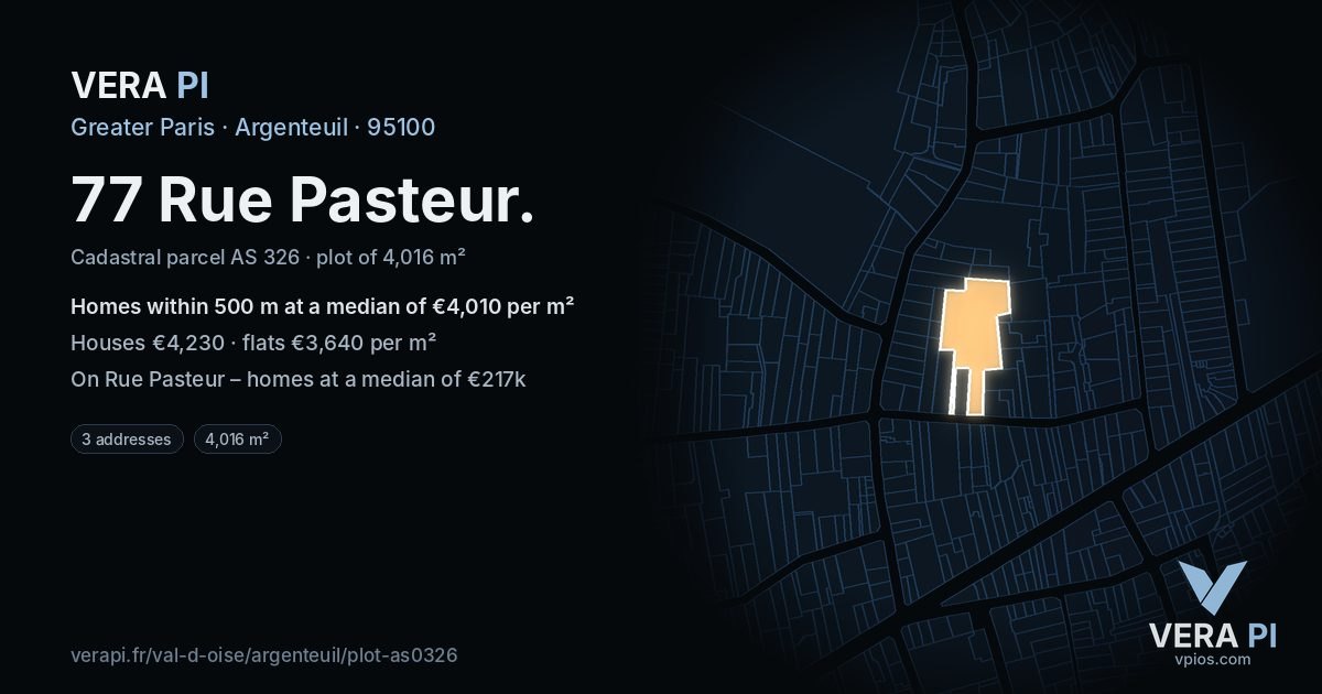 77 Rue Pasteur, Argenteuil at night – the plot lit, the parcels around coloured by the prices near them