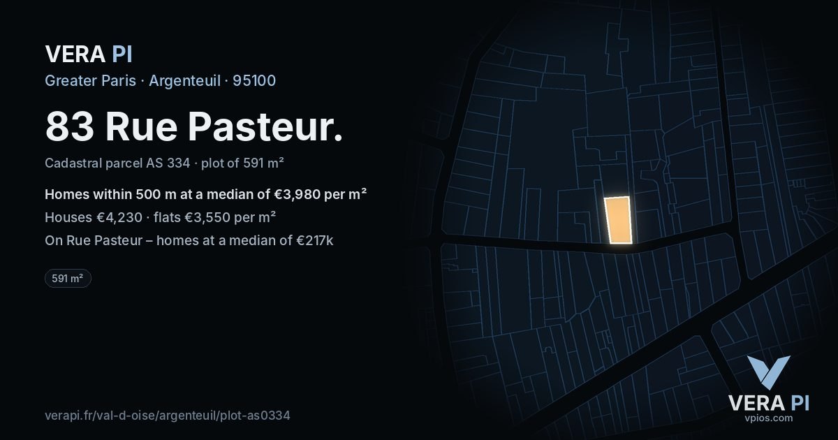 83 Rue Pasteur, Argenteuil at night – the plot lit, the parcels around coloured by the prices near them