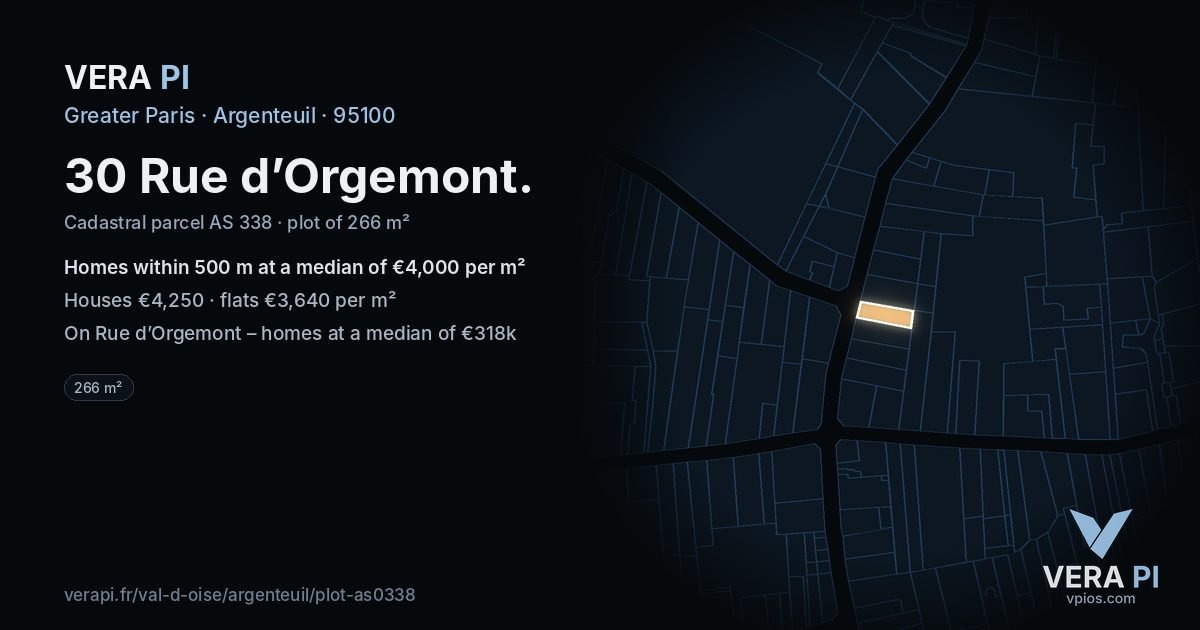 30 Rue d’Orgemont, Argenteuil at night – the plot lit, the parcels around coloured by the prices near them