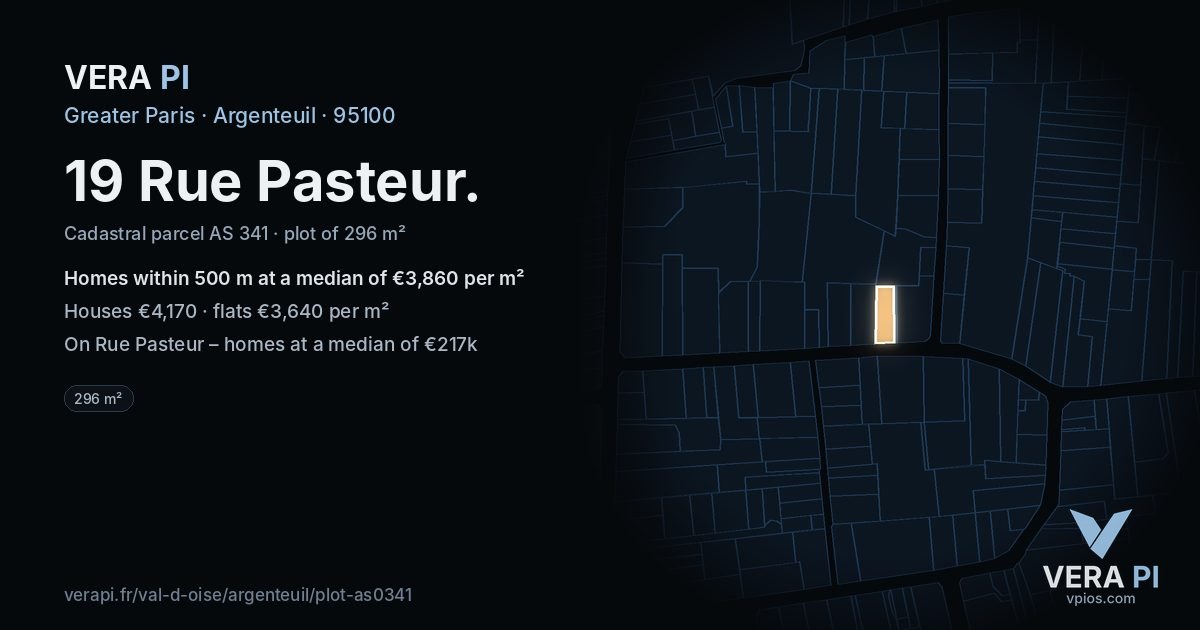 19 Rue Pasteur, Argenteuil at night – the plot lit, the parcels around coloured by the prices near them