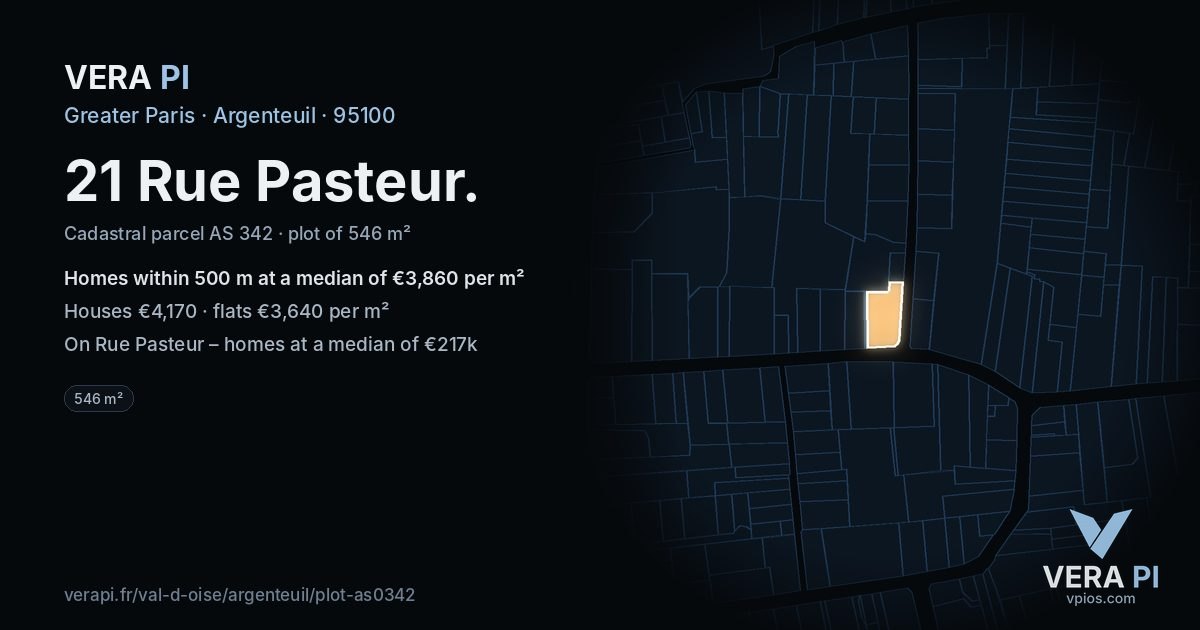21 Rue Pasteur, Argenteuil at night – the plot lit, the parcels around coloured by the prices near them