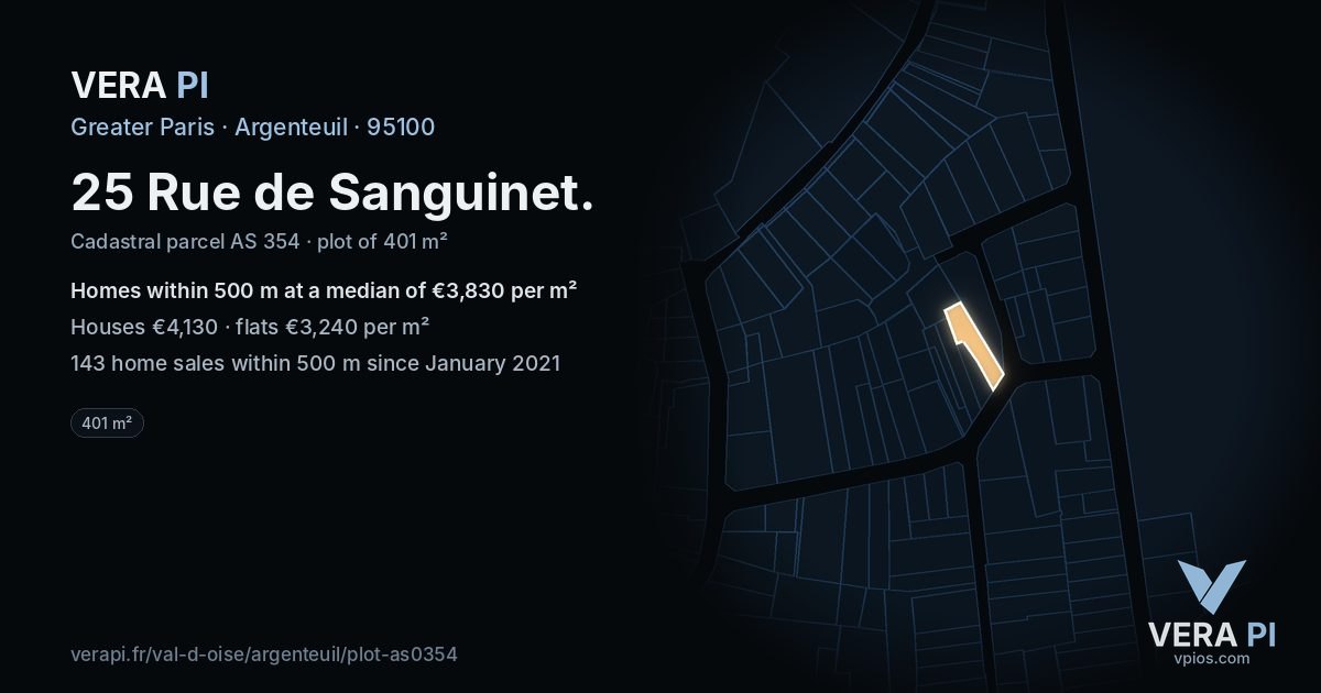 25 Rue de Sanguinet, Argenteuil at night – the plot lit, the parcels around coloured by the prices near them