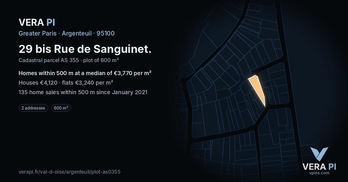 29 bis Rue de Sanguinet, Argenteuil at night – the plot lit, the parcels around coloured by the prices near them